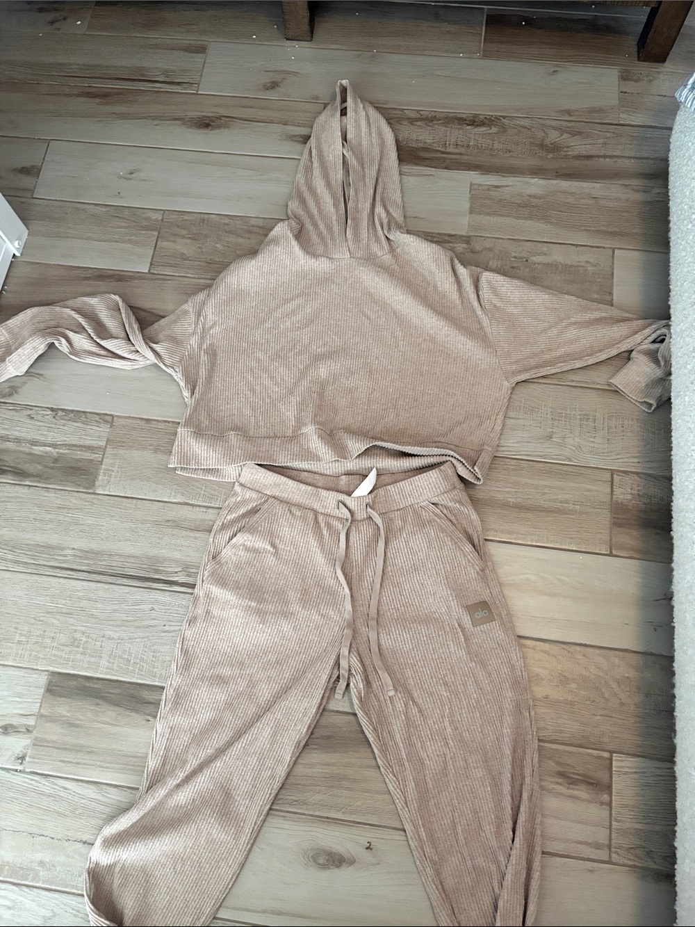 ALO Yoga Ribbed Hooded Crop Top and Drawstring Joggers - Beige